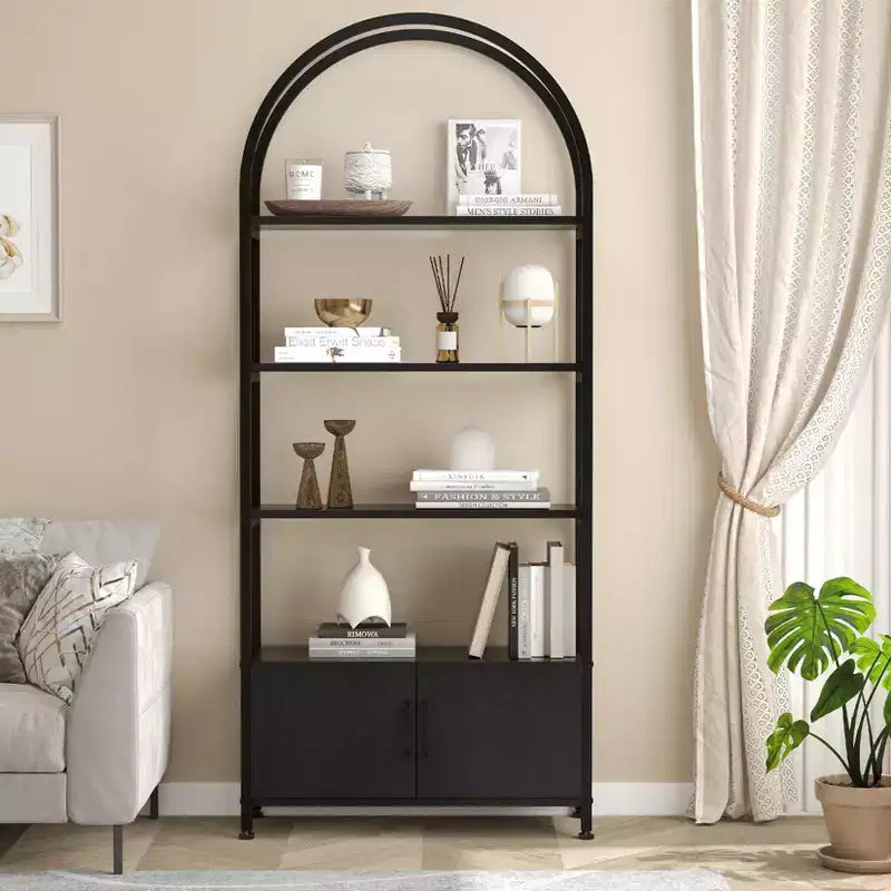 Étagère Arches 4 Niveaux avec Portes, Meuble de Rangement Industriel de 181,6 cm de Haut avec Cadre Métallique, Bibliothèque Courbe Ouverte, Étagère de Présentation