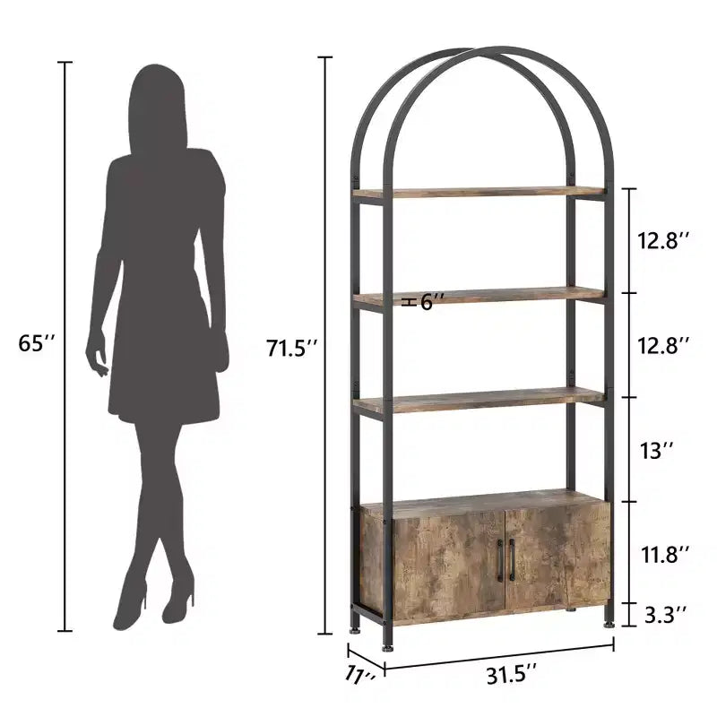 Étagère Arches 4 Niveaux avec Portes, Meuble de Rangement Industriel de 181,6 cm de Haut avec Cadre Métallique, Bibliothèque Courbe Ouverte, Étagère de Présentation