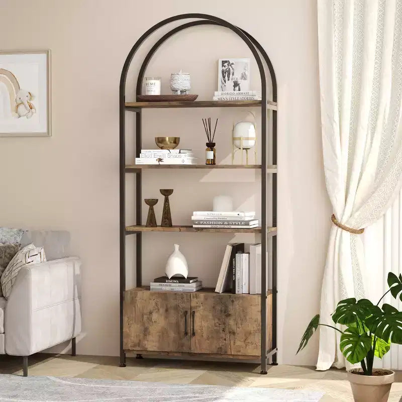 Étagère Arches 4 Niveaux avec Portes, Meuble de Rangement Industriel de 181,6 cm de Haut avec Cadre Métallique, Bibliothèque Courbe Ouverte, Étagère de Présentation