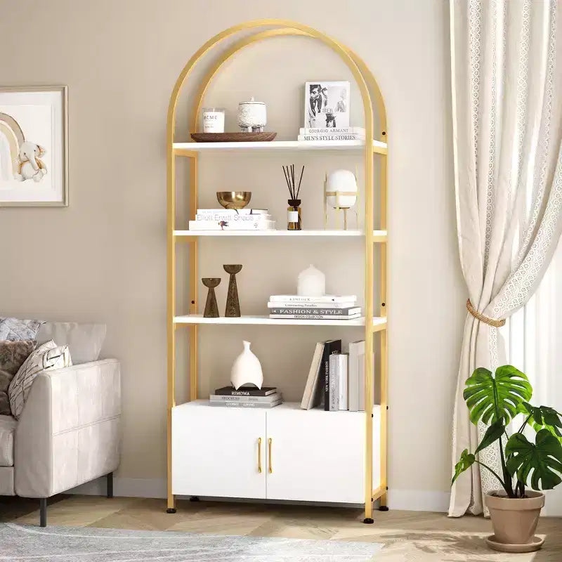 Étagère Arches 4 Niveaux avec Portes, Meuble de Rangement Industriel de 181,6 cm de Haut avec Cadre Métallique, Bibliothèque Courbe Ouverte, Étagère de Présentation