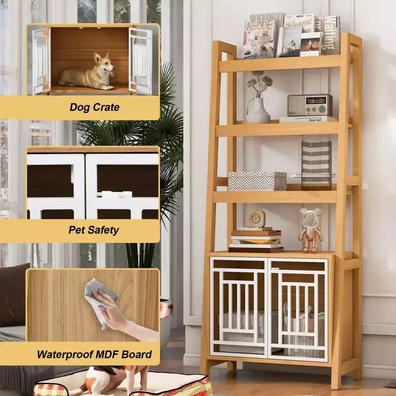Étagère échelle avec armoire de rangement et présentoir ouvert, Naturel