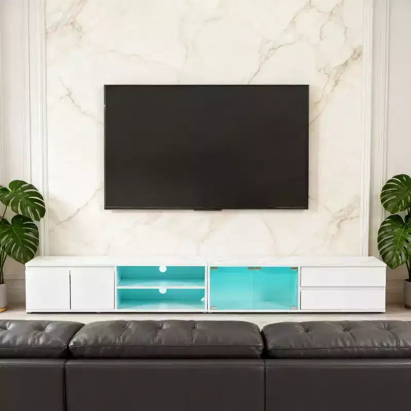 Meuble TV avec lumières LED et placards de rangement pour salon ou espace de divertissement, Blanc