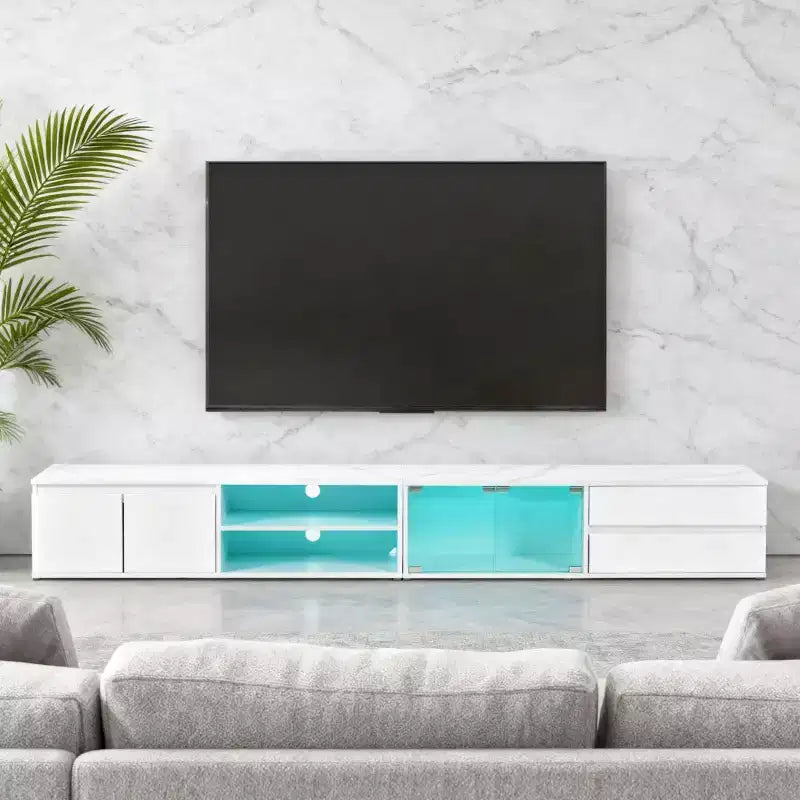 Meuble TV avec lumières LED et placards de rangement pour salon ou espace de divertissement, Blanc