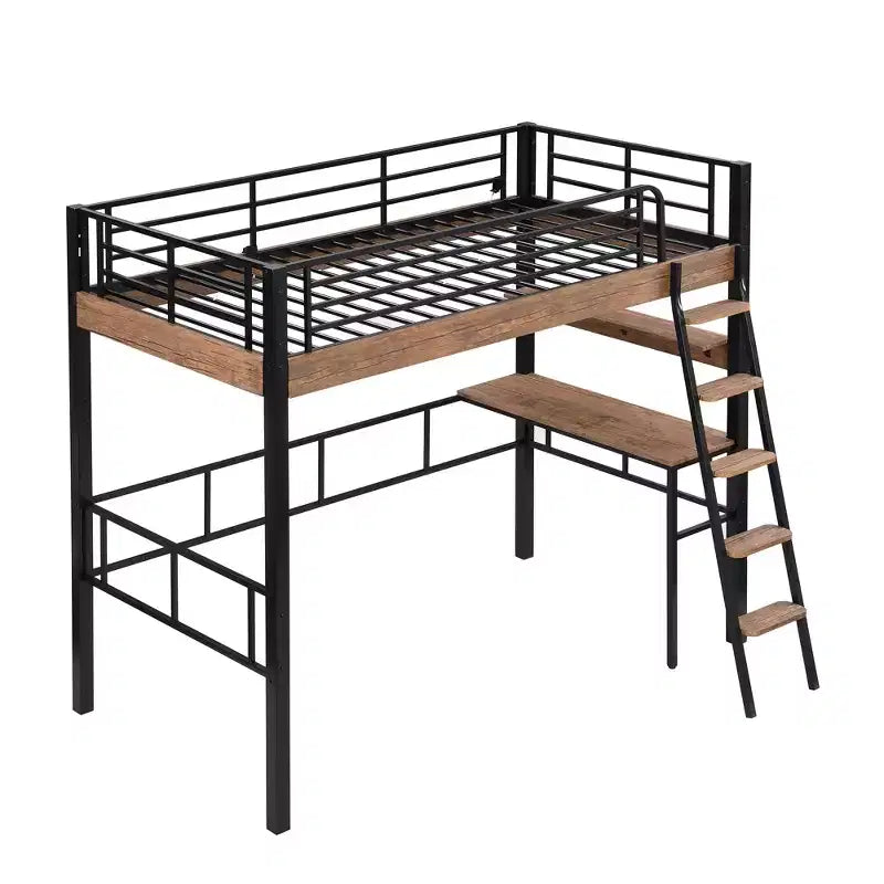 Lit mezzanine jumeau avec bureau, échelle et étagères, cadre de lit mezzanine haut en métal robuste, conception peu encombrante, noir