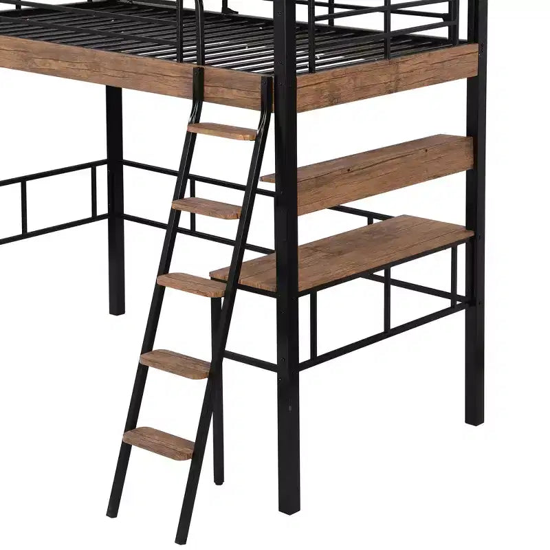 Lit mezzanine jumeau avec bureau, échelle et étagères, cadre de lit mezzanine haut en métal robuste, conception peu encombrante, noir