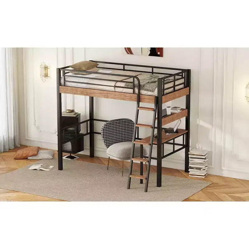 Lit mezzanine jumeau avec bureau, échelle et étagères, cadre de lit mezzanine haut en métal robuste, conception peu encombrante, noir