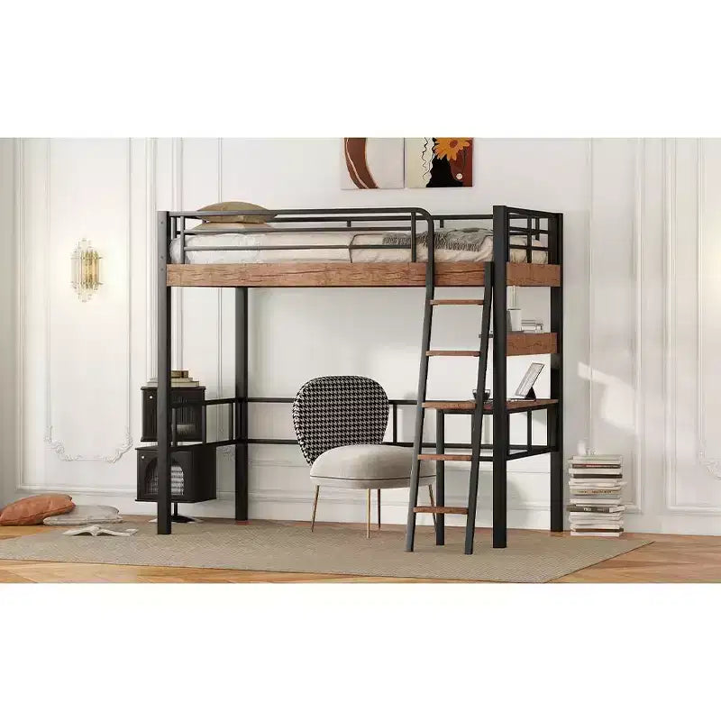 Lit mezzanine jumeau avec bureau, échelle et étagères, cadre de lit mezzanine haut en métal robuste, conception peu encombrante, noir