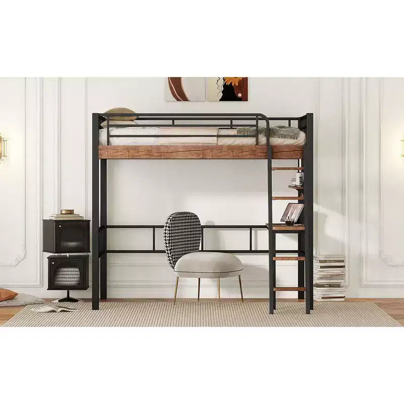 Lit mezzanine jumeau avec bureau, échelle et étagères, cadre de lit mezzanine haut en métal robuste, conception peu encombrante, noir