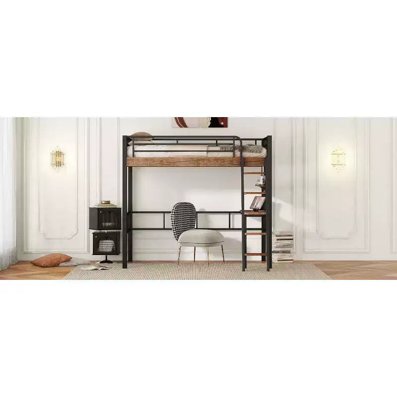 Lit mezzanine jumeau avec bureau, échelle et étagères, cadre de lit mezzanine haut en métal robuste, conception peu encombrante, noir