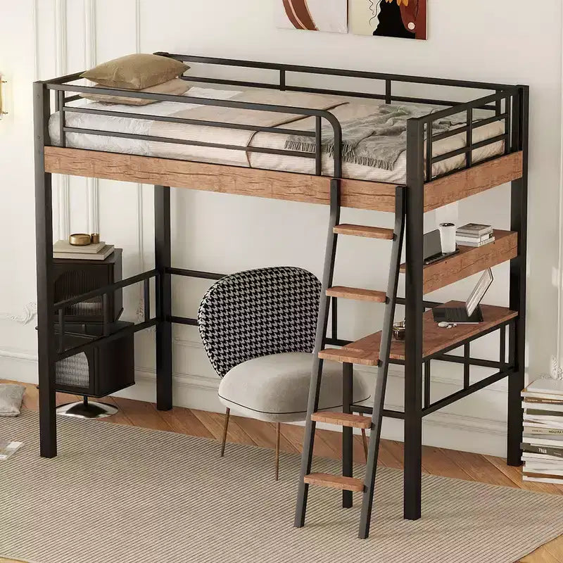 Lit mezzanine jumeau avec bureau, échelle et étagères, cadre de lit mezzanine haut en métal robuste, conception peu encombrante, noir