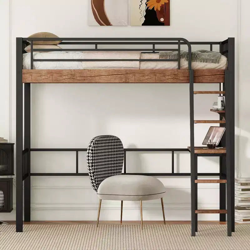 Lit mezzanine jumeau avec bureau, échelle et étagères, cadre de lit mezzanine haut en métal robuste, conception peu encombrante, noir