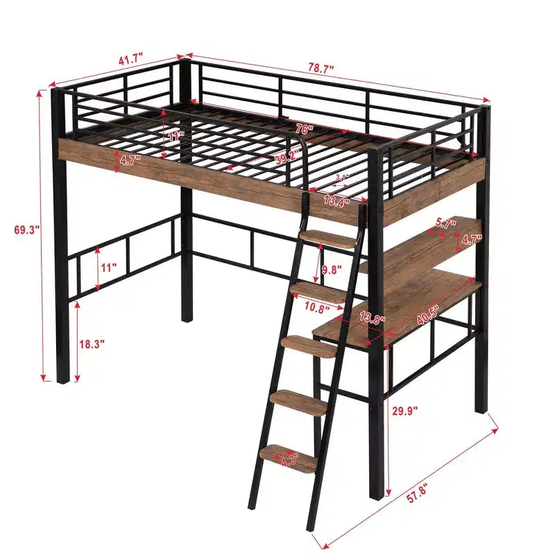 Lit mezzanine jumeau avec bureau, échelle et étagères, cadre de lit mezzanine haut en métal robuste, conception peu encombrante, noir