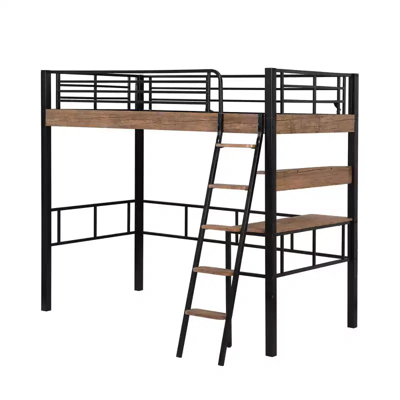 Lit mezzanine jumeau avec bureau, échelle et étagères, cadre de lit mezzanine haut en métal robuste, conception peu encombrante, noir