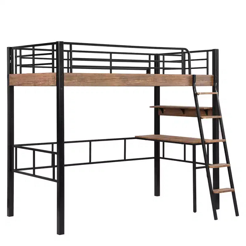 Lit mezzanine jumeau avec bureau, échelle et étagères, cadre de lit mezzanine haut en métal robuste, conception peu encombrante, noir