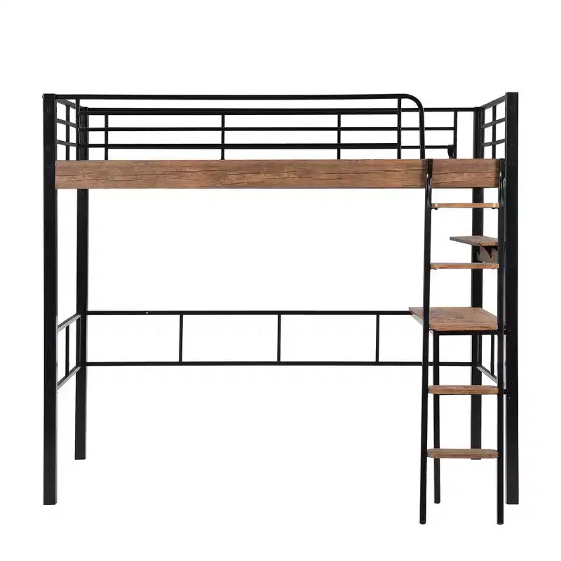 Lit mezzanine jumeau avec bureau, échelle et étagères, cadre de lit mezzanine haut en métal robuste, conception peu encombrante, noir