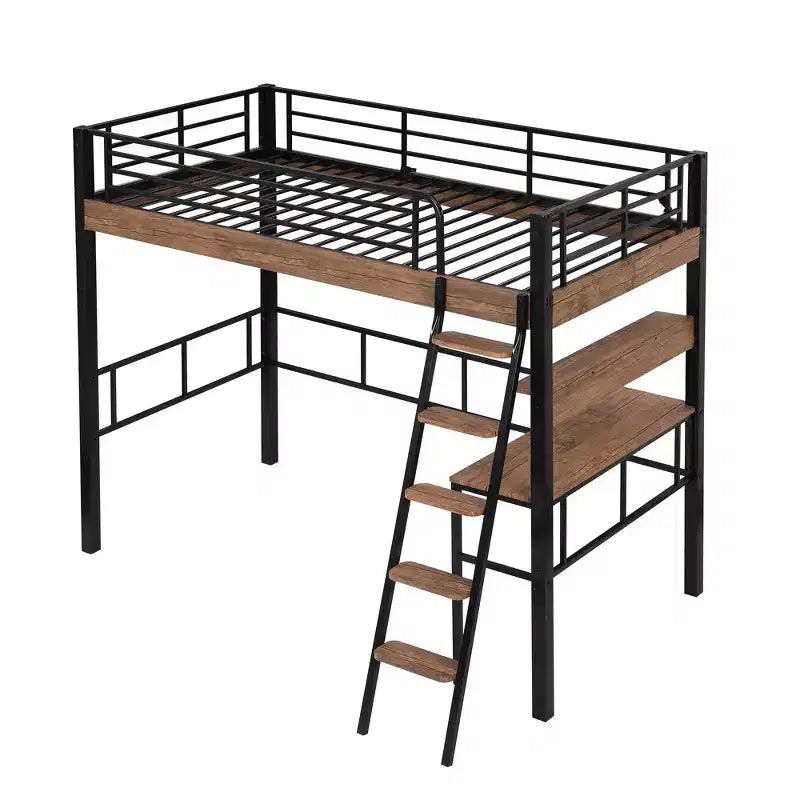 Lit mezzanine jumeau avec bureau, échelle et étagères, cadre de lit mezzanine haut en métal robuste, conception peu encombrante, noir