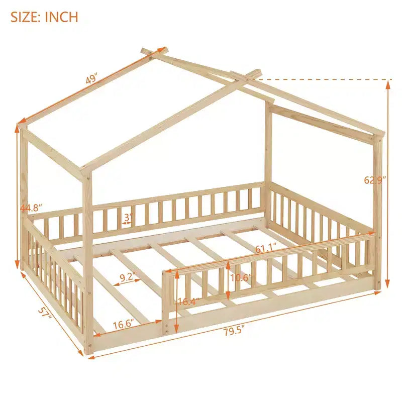 Lit au sol Montessori pleine grandeur, cadre de lit cabane en bois, lit cabane pour enfants, lit Montessori avec clôture, cabane de jeu pour enfants, naturel