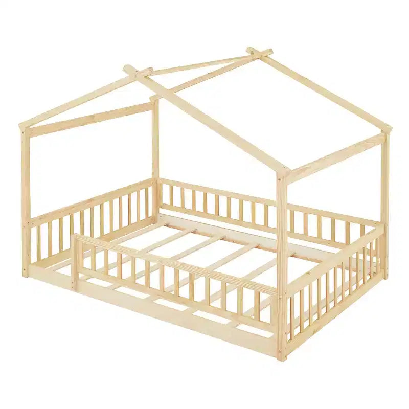 Lit au sol Montessori pleine grandeur, cadre de lit cabane en bois, lit cabane pour enfants, lit Montessori avec clôture, cabane de jeu pour enfants, naturel