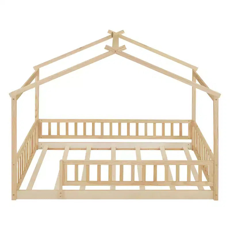 Lit au sol Montessori pleine grandeur, cadre de lit cabane en bois, lit cabane pour enfants, lit Montessori avec clôture, cabane de jeu pour enfants, naturel