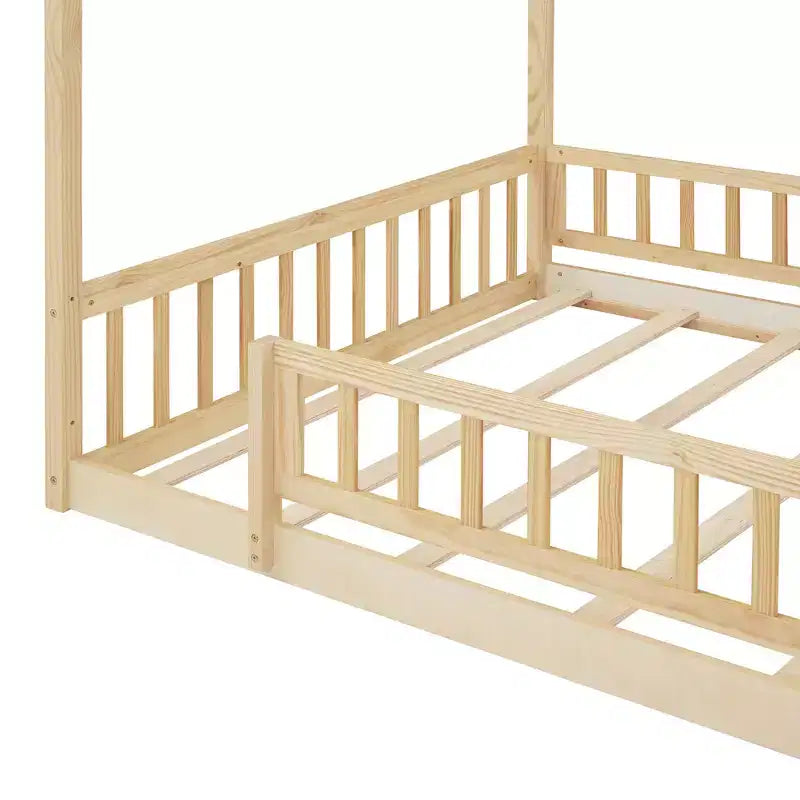 Lit au sol Montessori pleine grandeur, cadre de lit cabane en bois, lit cabane pour enfants, lit Montessori avec clôture, cabane de jeu pour enfants, naturel