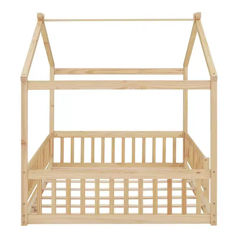 Lit au sol Montessori pleine grandeur, cadre de lit cabane en bois, lit cabane pour enfants, lit Montessori avec clôture, cabane de jeu pour enfants, naturel