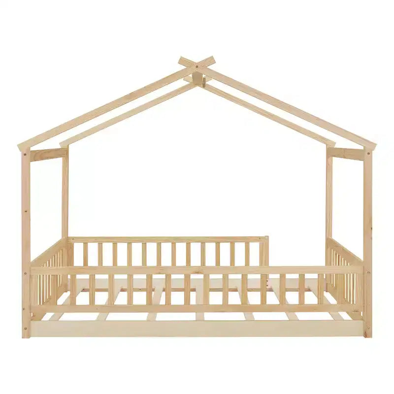 Lit au sol Montessori pleine grandeur, cadre de lit cabane en bois, lit cabane pour enfants, lit Montessori avec clôture, cabane de jeu pour enfants, naturel