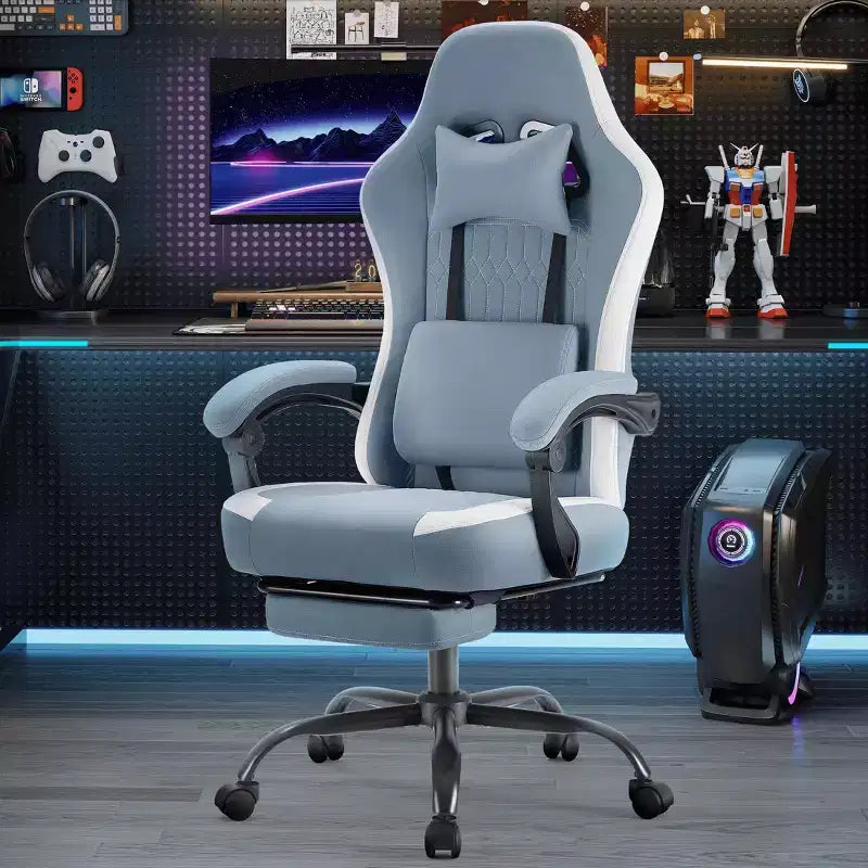 Chaise de jeu d'ordinateur avec support lombaire, hauteur réglable, roues pivotantes à 360°, accoudoirs et appuie-tête inclus