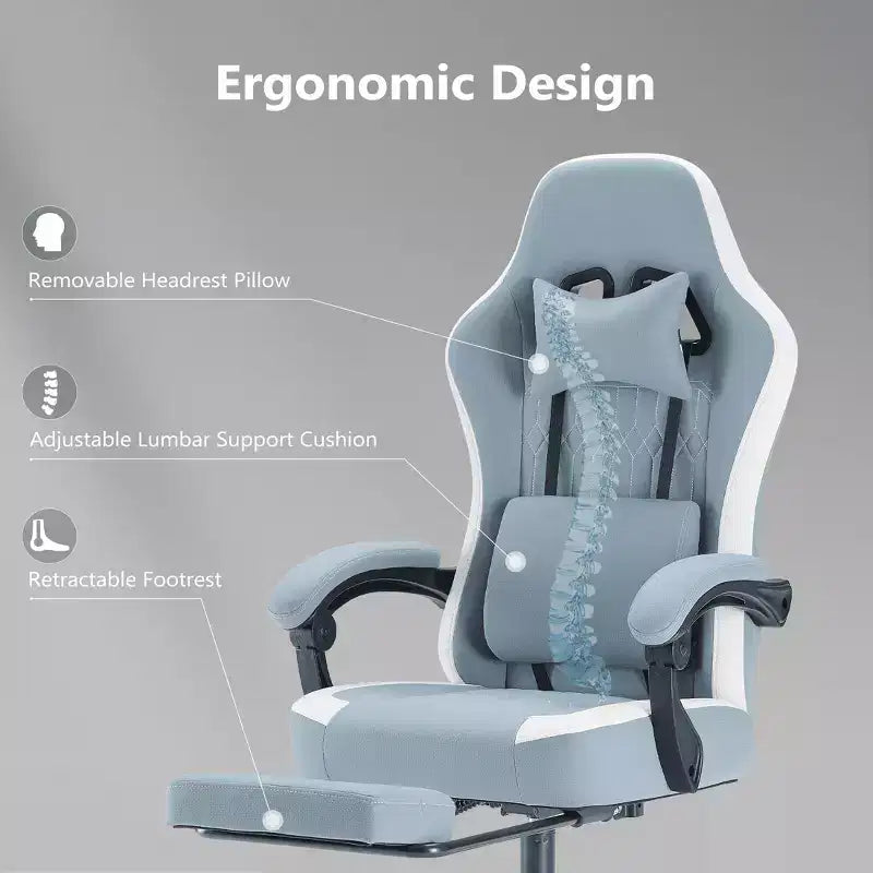 Chaise de jeu d'ordinateur avec support lombaire, hauteur réglable, roues pivotantes à 360°, accoudoirs et appuie-tête inclus