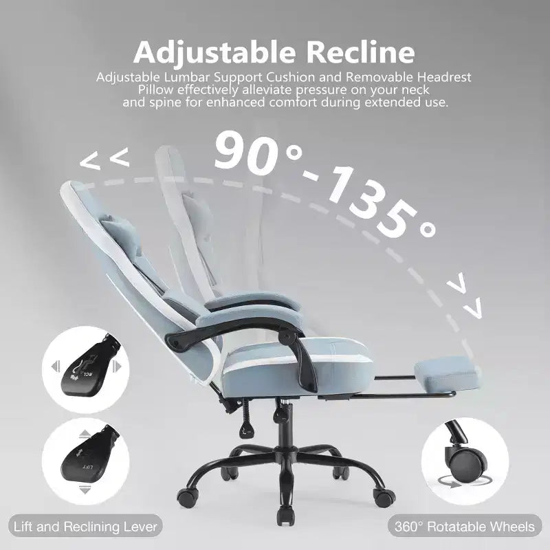 Chaise de jeu d'ordinateur avec support lombaire, hauteur réglable, roues pivotantes à 360°, accoudoirs et appuie-tête inclus