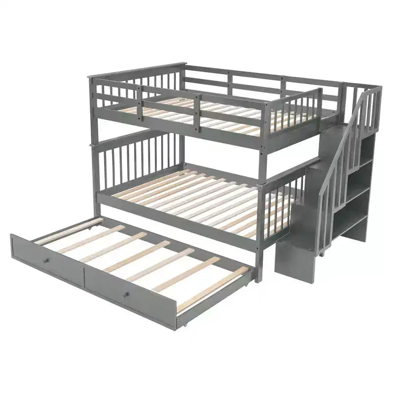Lit superposé double sur double avec escalier de rangement et barrières de sécurité