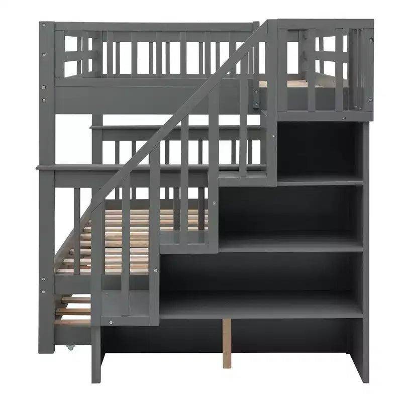 Lit superposé double sur double avec escalier de rangement et barrières de sécurité