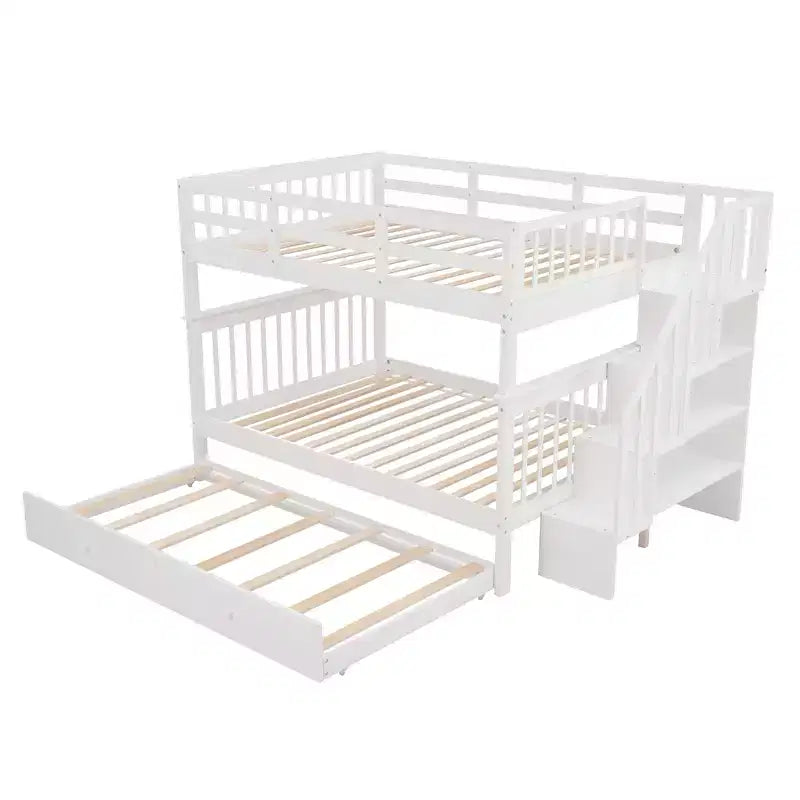 Lit superposé double sur double avec escalier de rangement et barrières de sécurité