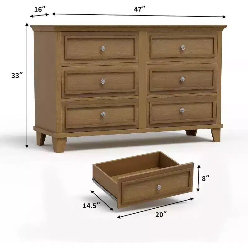 Commode double de ferme à 6 tiroirs blanche avec poignées vintage, meuble TV en bois pour chambre, salon, couloir