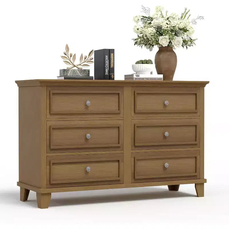 Commode double de ferme à 6 tiroirs blanche avec poignées vintage, meuble TV en bois pour chambre, salon, couloir