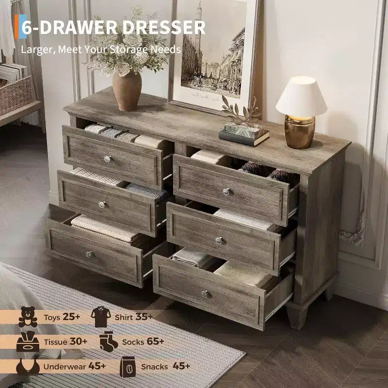 Commode double de ferme à 6 tiroirs blanche avec poignées vintage, meuble TV en bois pour chambre, salon, couloir