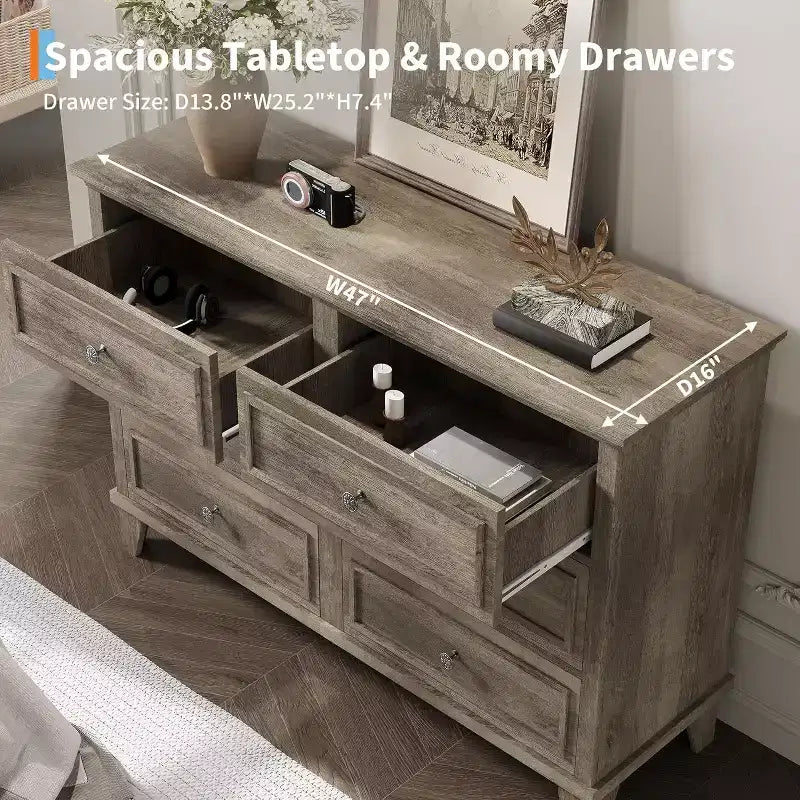 Commode double de ferme à 6 tiroirs blanche avec poignées vintage, meuble TV en bois pour chambre, salon, couloir