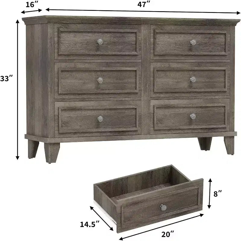 Commode double de ferme à 6 tiroirs blanche avec poignées vintage, meuble TV en bois pour chambre, salon, couloir