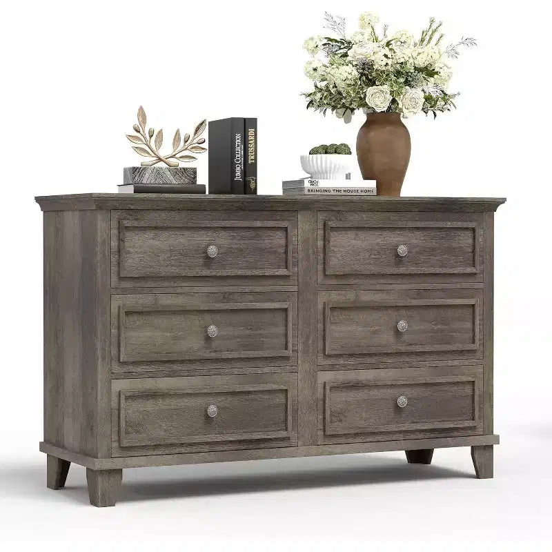 Commode double de ferme à 6 tiroirs blanche avec poignées vintage, meuble TV en bois pour chambre, salon, couloir