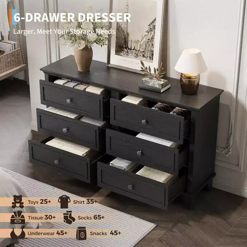 Commode double de ferme à 6 tiroirs blanche avec poignées vintage, meuble TV en bois pour chambre, salon, couloir