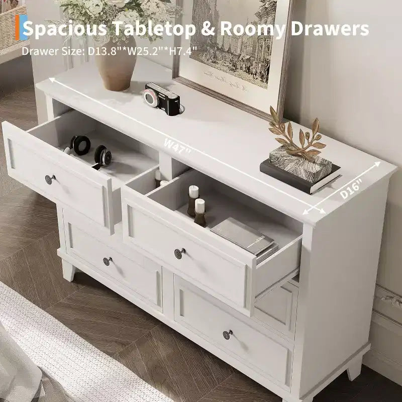 Commode double de ferme à 6 tiroirs blanche avec poignées vintage, meuble TV en bois pour chambre, salon, couloir