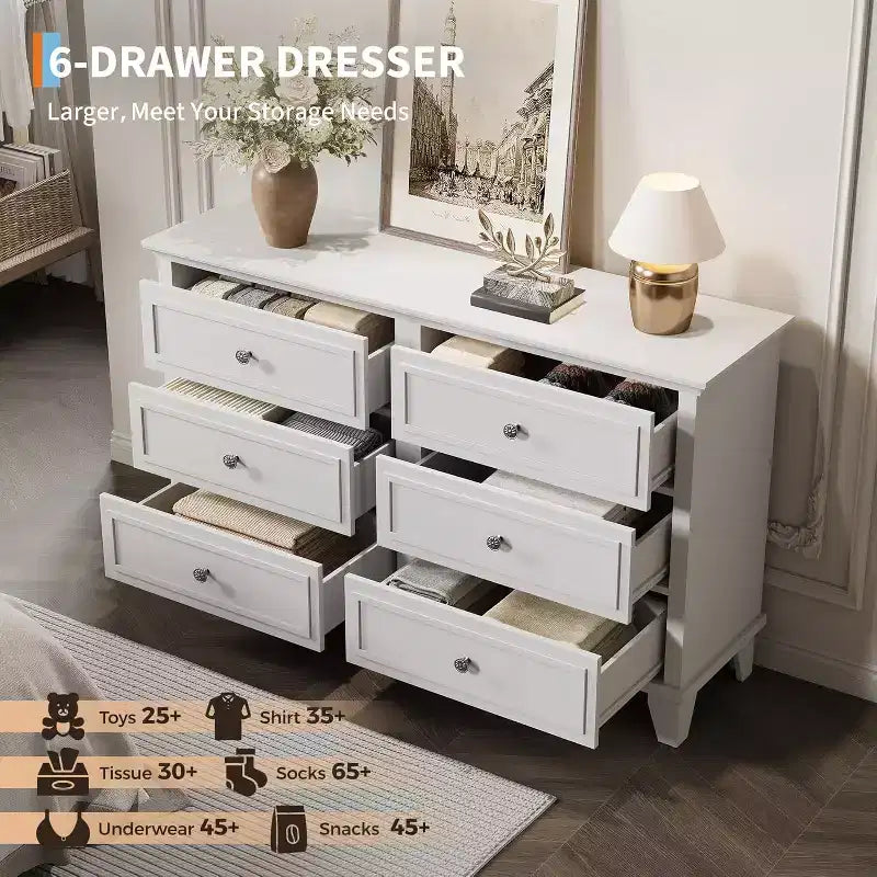 Commode double de ferme à 6 tiroirs blanche avec poignées vintage, meuble TV en bois pour chambre, salon, couloir