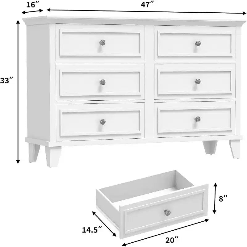 Commode double de ferme à 6 tiroirs blanche avec poignées vintage, meuble TV en bois pour chambre, salon, couloir