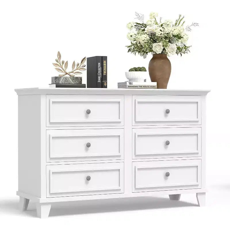 Commode double de ferme à 6 tiroirs blanche avec poignées vintage, meuble TV en bois pour chambre, salon, couloir