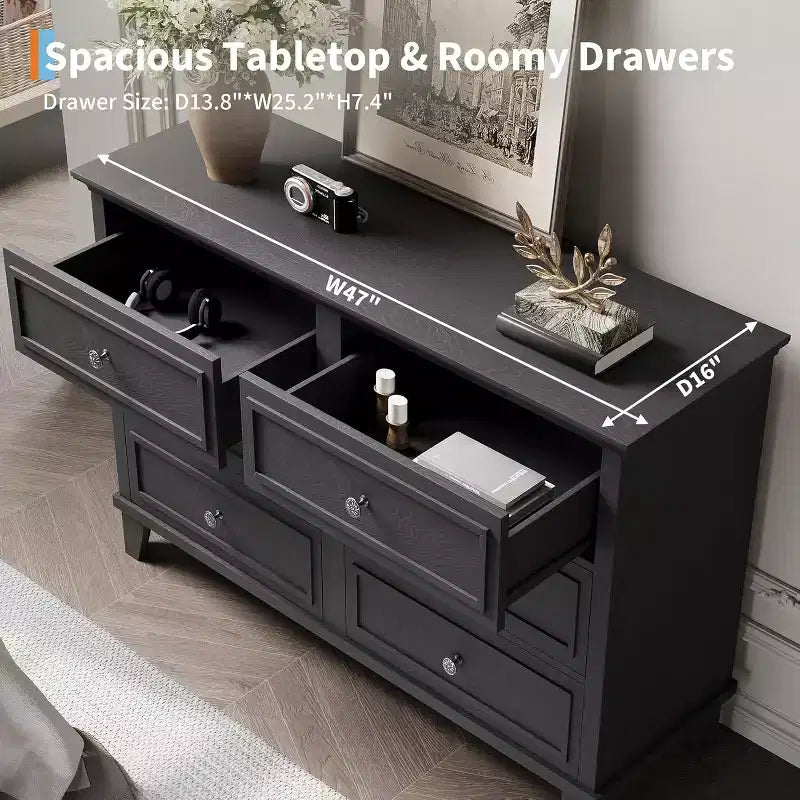 Commode double de ferme à 6 tiroirs blanche avec poignées vintage, meuble TV en bois pour chambre, salon, couloir