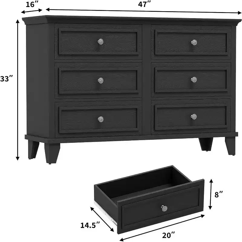 Commode double de ferme à 6 tiroirs blanche avec poignées vintage, meuble TV en bois pour chambre, salon, couloir
