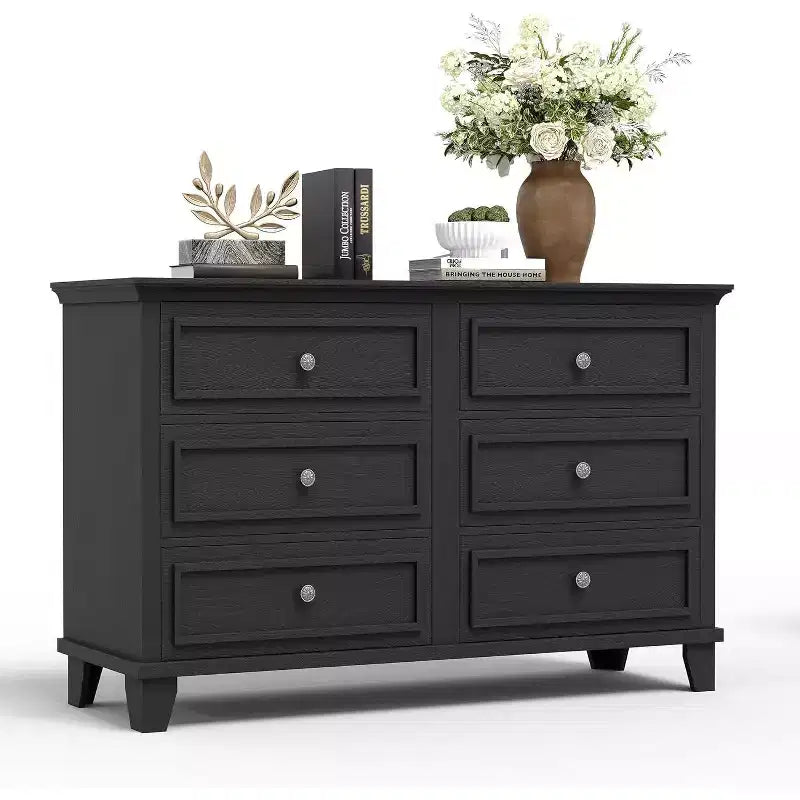 Commode double de ferme à 6 tiroirs blanche avec poignées vintage, meuble TV en bois pour chambre, salon, couloir