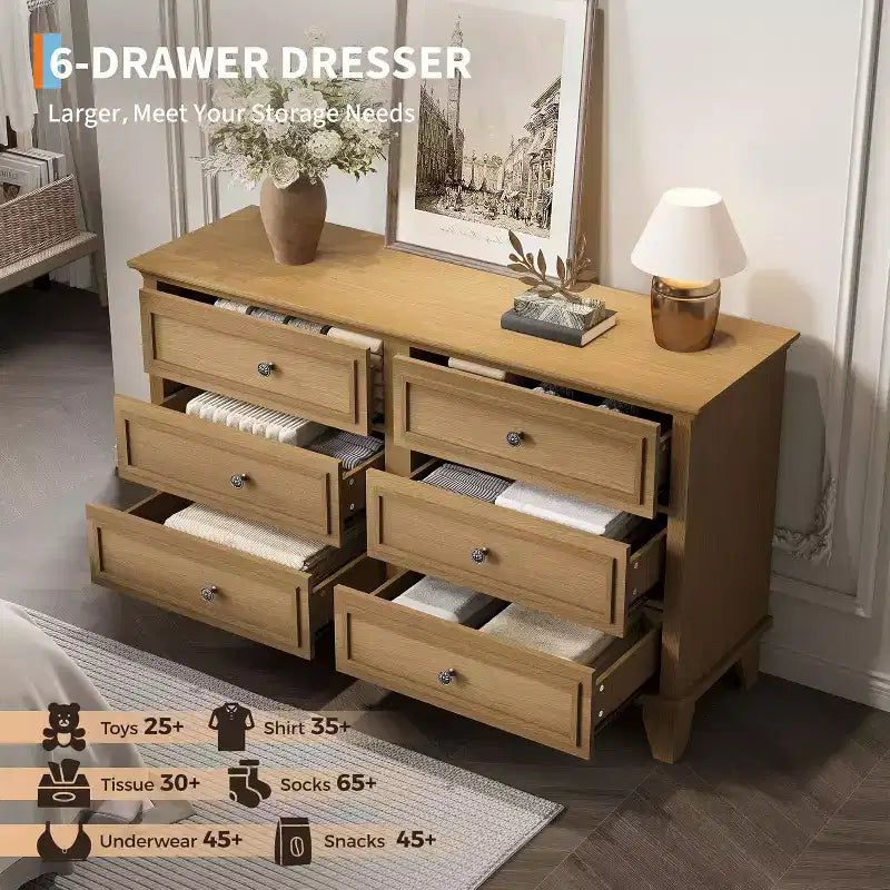 Commode double de ferme à 6 tiroirs blanche avec poignées vintage, meuble TV en bois pour chambre, salon, couloir