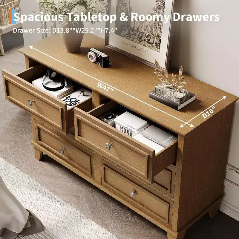 Commode double de ferme à 6 tiroirs blanche avec poignées vintage, meuble TV en bois pour chambre, salon, couloir