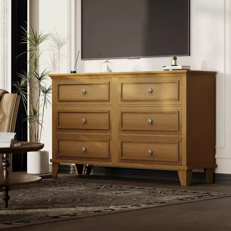 Commode double de ferme à 6 tiroirs blanche avec poignées vintage, meuble TV en bois pour chambre, salon, couloir