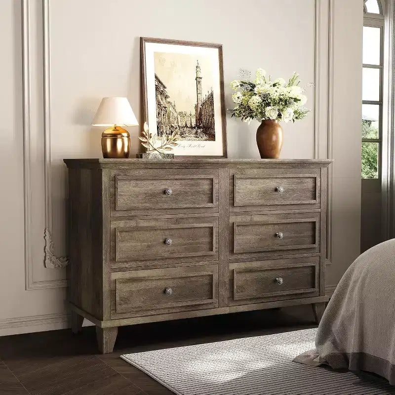 Commode double de ferme à 6 tiroirs blanche avec poignées vintage, meuble TV en bois pour chambre, salon, couloir
